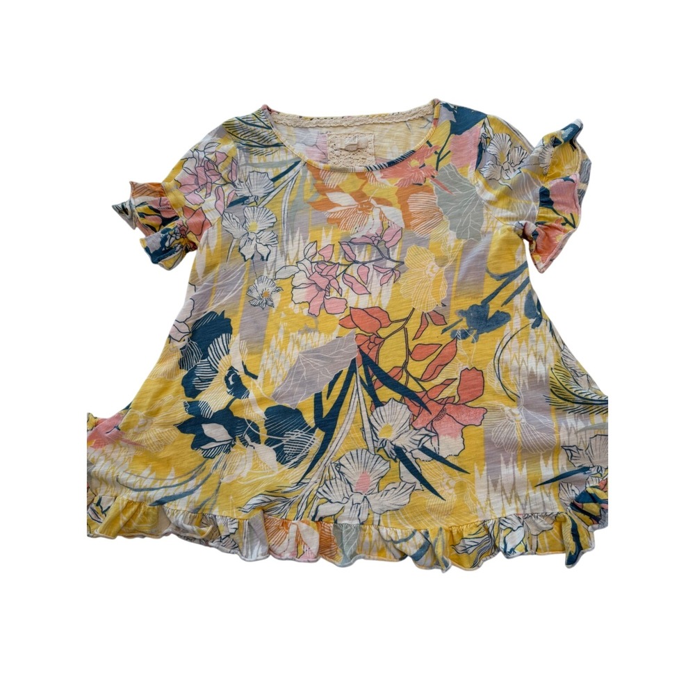 Cupio Yellow Floral Ruffle Hem Flutter Sleeve Knit Top Medium
